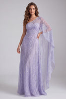 Load image into Gallery viewer, Lilac Sparkly Beaded One Shoulder Long Formal Dress with Side Cape