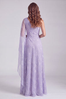 Lilac Sparkly Beaded One Shoulder Long Formal Dress with Side Cape