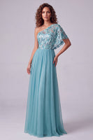 Load image into Gallery viewer, Floral A Line Pink One Shoulder Maxi Formal Dress with Sleeves