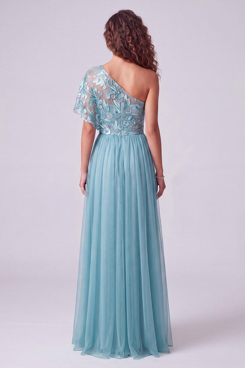 Load image into Gallery viewer, Floral A Line Pink One Shoulder Maxi Formal Dress with Sleeves