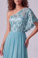 Load image into Gallery viewer, Floral A Line Pink One Shoulder Maxi Formal Dress with Sleeves