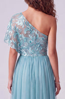 Load image into Gallery viewer, Floral A Line Pink One Shoulder Maxi Formal Dress with Sleeves