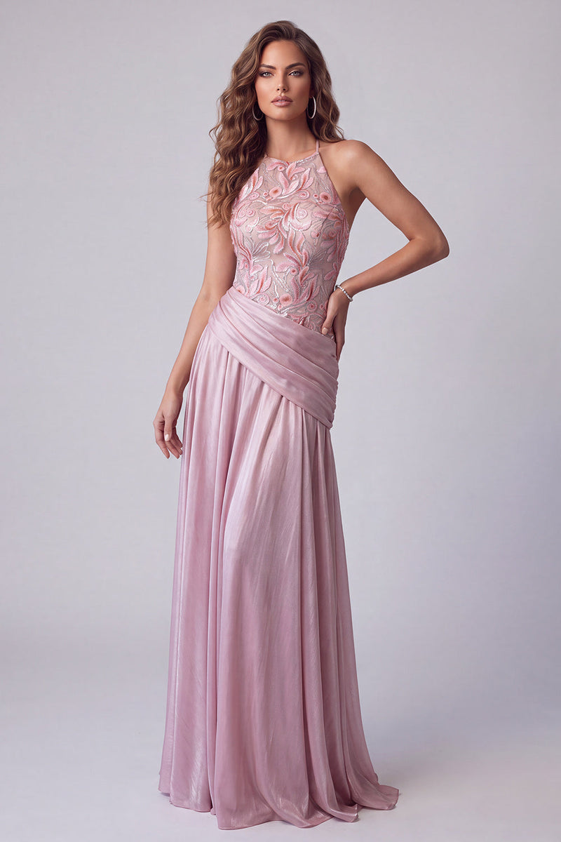 Load image into Gallery viewer, Pink A Line Floral Draped Halter Long Formal Dress