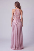 Load image into Gallery viewer, Pink A Line Floral Draped Halter Long Formal Dress