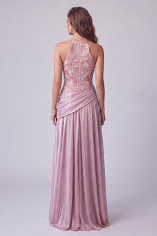 Pink A Line Floral Draped Halter Long Formal Dress
