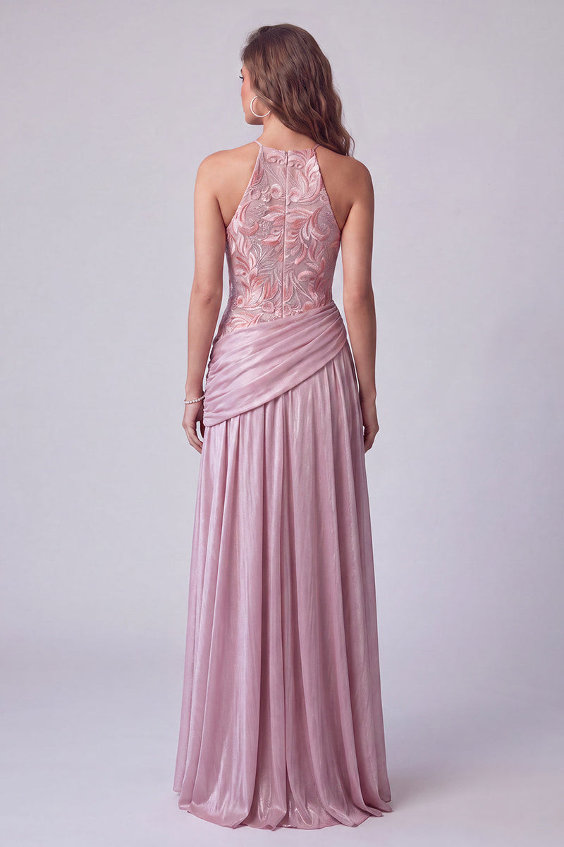 Load image into Gallery viewer, Pink A Line Floral Draped Halter Long Formal Dress