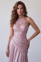 Load image into Gallery viewer, Pink A Line Floral Draped Halter Long Formal Dress