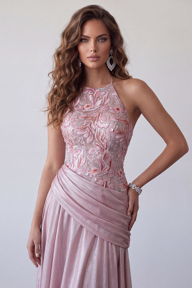 Load image into Gallery viewer, Pink A Line Floral Draped Halter Long Formal Dress