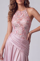 Load image into Gallery viewer, Pink A Line Floral Draped Halter Long Formal Dress