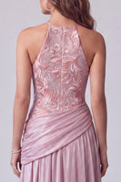 Load image into Gallery viewer, Pink A Line Floral Draped Halter Long Formal Dress