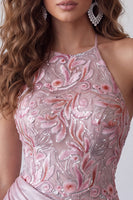 Load image into Gallery viewer, Pink A Line Floral Draped Halter Long Formal Dress