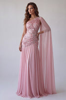 Load image into Gallery viewer, Sparkly Pink A Line Floral Beaded One Shoulder Long Formal Dress with Side Cape