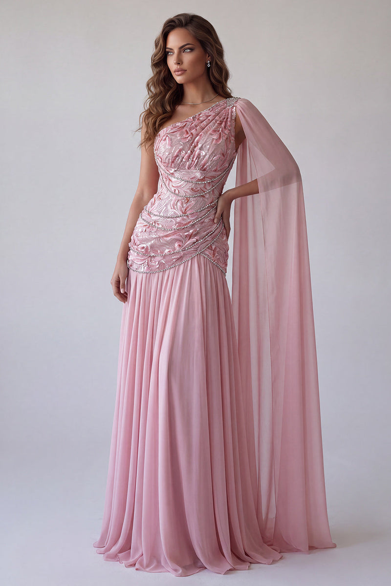 Load image into Gallery viewer, Sparkly Pink A Line Floral Beaded One Shoulder Long Formal Dress with Side Cape
