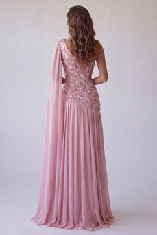 Sparkly Pink A Line Floral Beaded One Shoulder Long Formal Dress with Side Cape