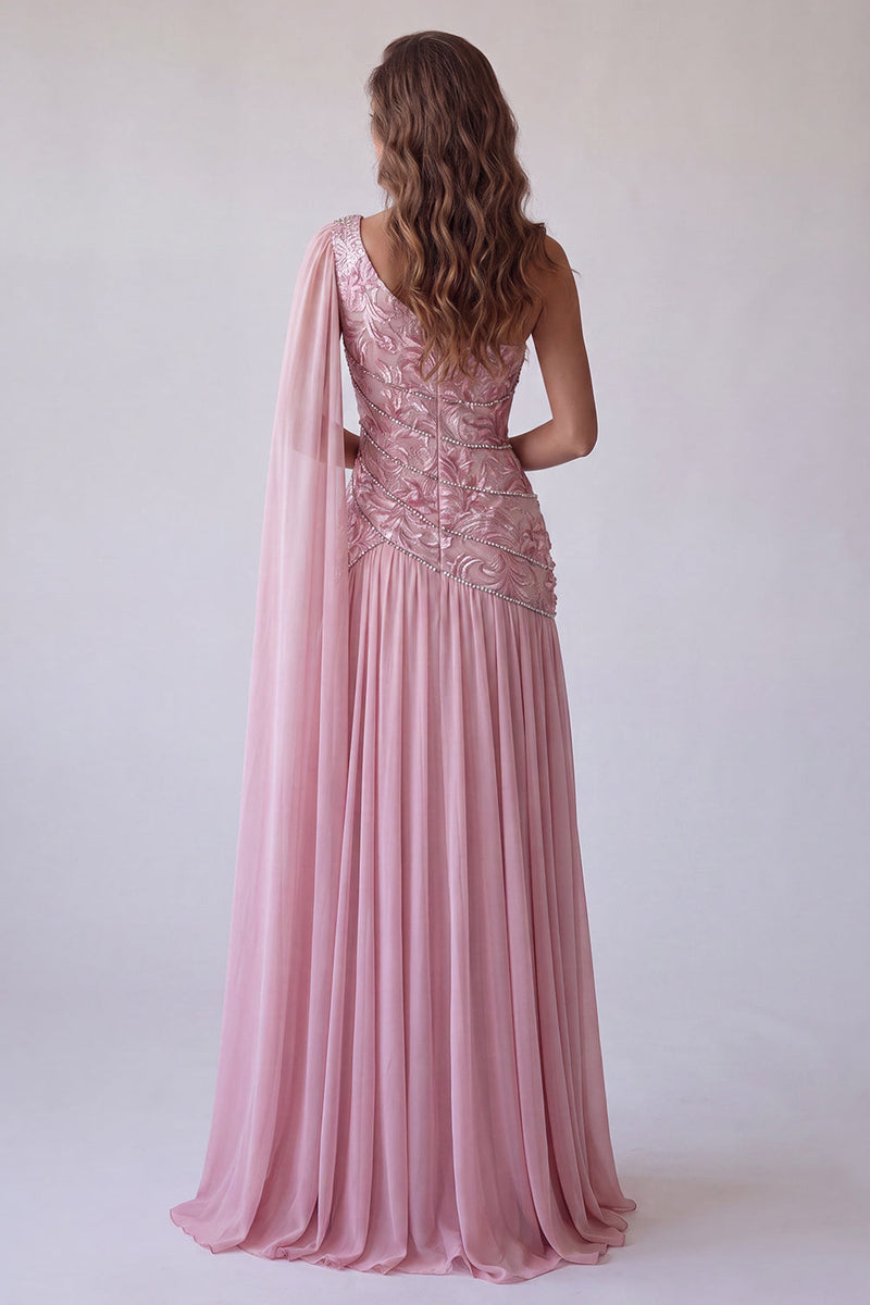 Load image into Gallery viewer, Sparkly Pink A Line Floral Beaded One Shoulder Long Formal Dress with Side Cape