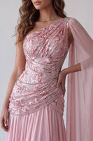 Load image into Gallery viewer, Sparkly Pink A Line Floral Beaded One Shoulder Long Formal Dress with Side Cape