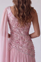 Load image into Gallery viewer, Sparkly Pink A Line Floral Beaded One Shoulder Long Formal Dress with Side Cape