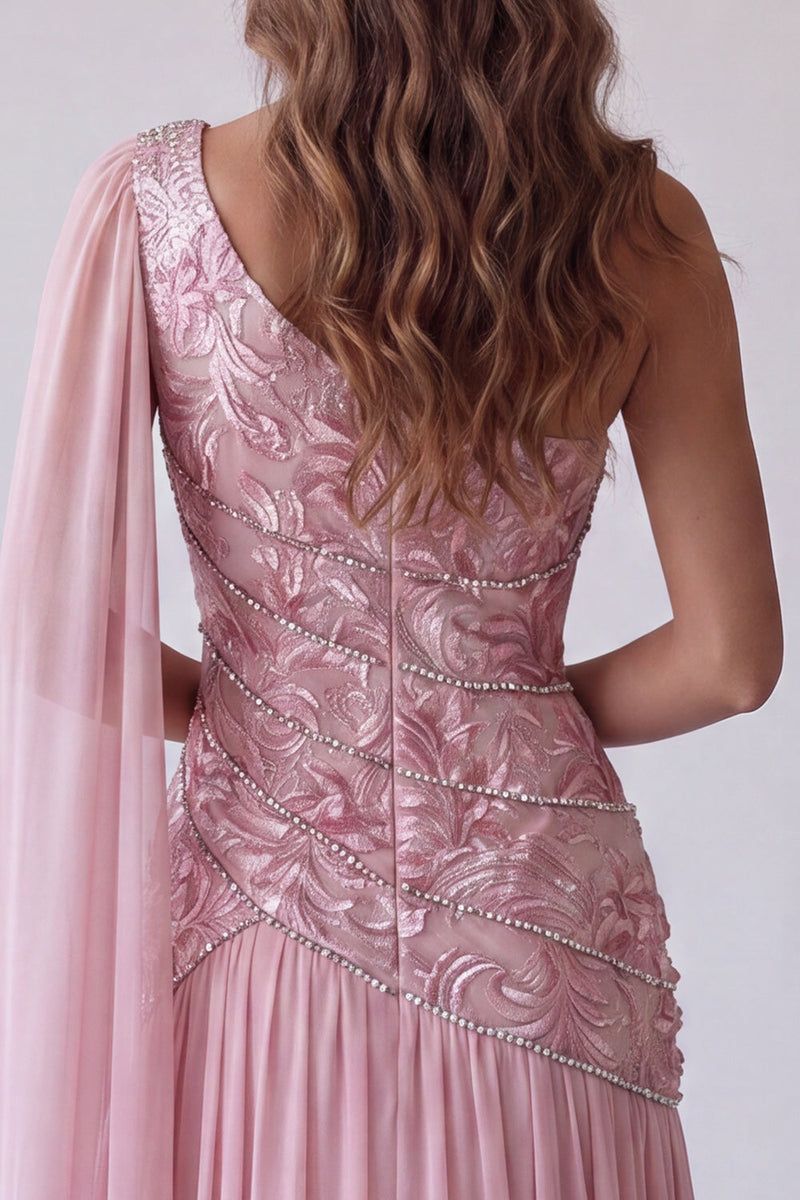 Load image into Gallery viewer, Sparkly Pink A Line Floral Beaded One Shoulder Long Formal Dress with Side Cape