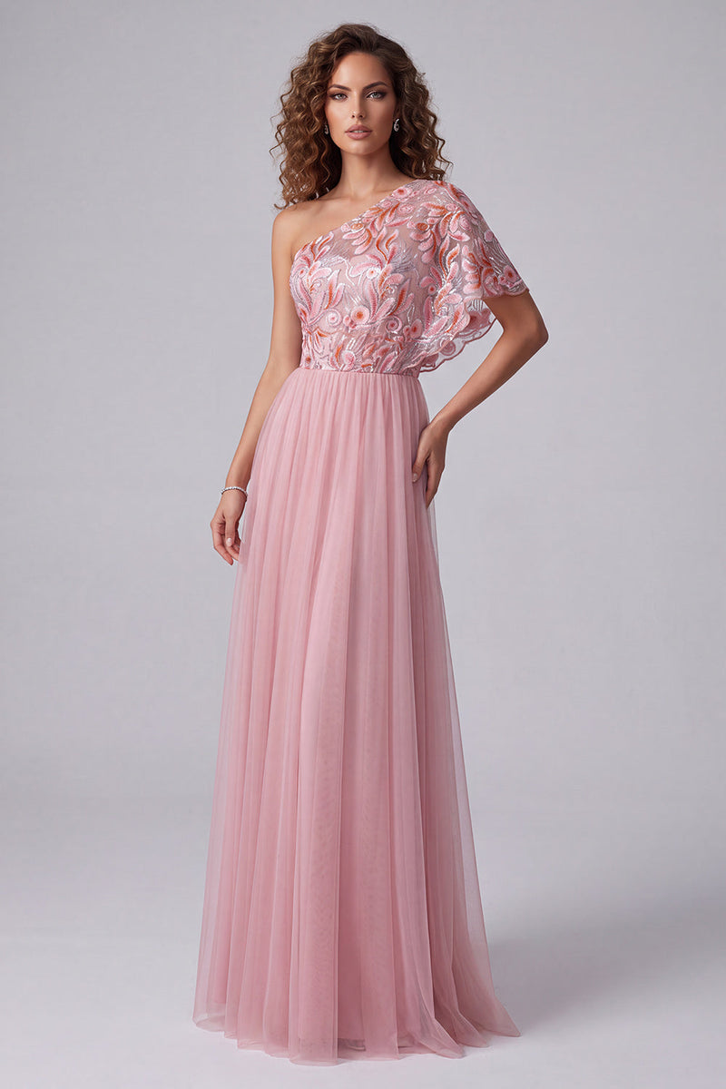 Load image into Gallery viewer, Floral A Line Pink One Shoulder Maxi Formal Dress with Sleeves