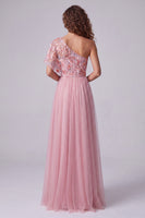 Load image into Gallery viewer, Floral A Line Pink One Shoulder Maxi Formal Dress with Sleeves