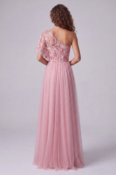 Floral A Line Pink One Shoulder Maxi Formal Dress with Sleeves