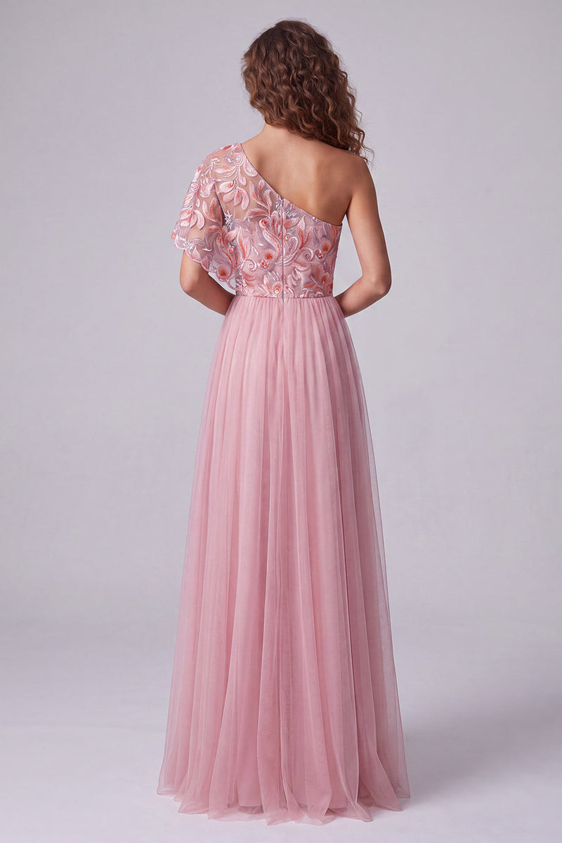 Load image into Gallery viewer, Floral A Line Pink One Shoulder Maxi Formal Dress with Sleeves