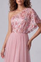 Load image into Gallery viewer, Floral A Line Pink One Shoulder Maxi Formal Dress with Sleeves
