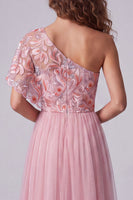 Load image into Gallery viewer, Floral A Line Pink One Shoulder Maxi Formal Dress with Sleeves