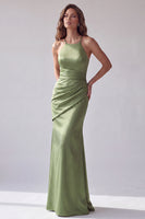 Load image into Gallery viewer, Simple Green Mermaid Satin Halter Ruched Long Formal Dress
