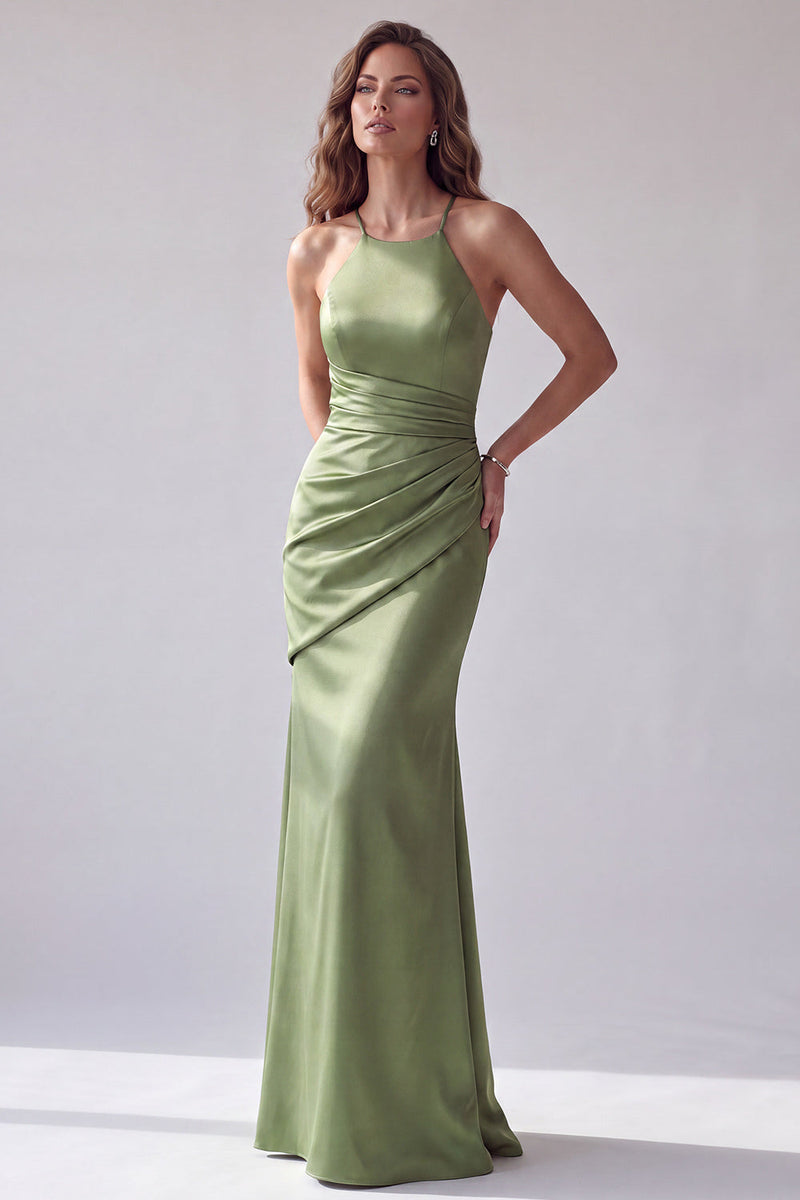 Load image into Gallery viewer, Simple Green Mermaid Satin Halter Ruched Long Formal Dress