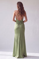Load image into Gallery viewer, Simple Green Mermaid Satin Halter Ruched Long Formal Dress
