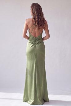 Simple Green Mermaid Satin Halter Ruched Long Formal Dress