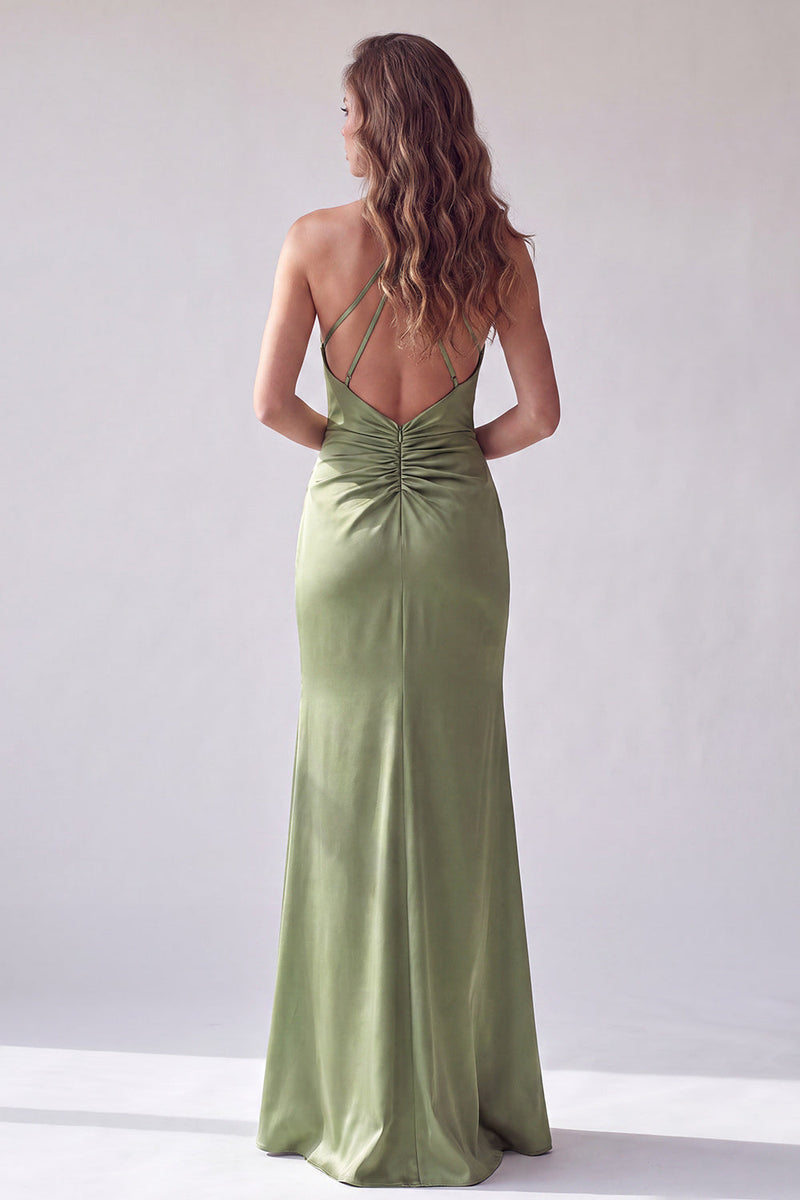 Load image into Gallery viewer, Simple Green Mermaid Satin Halter Ruched Long Formal Dress