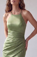 Load image into Gallery viewer, Simple Green Mermaid Satin Halter Ruched Long Formal Dress