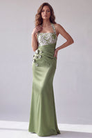 Load image into Gallery viewer, Green Mermaid Ruched Halter Neck Long Formal Dress with 3D Flowers