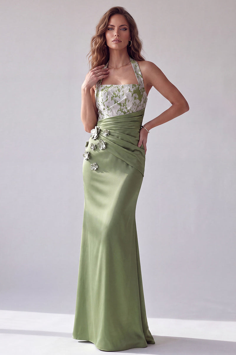 Load image into Gallery viewer, Green Mermaid Ruched Halter Neck Long Formal Dress with 3D Flowers