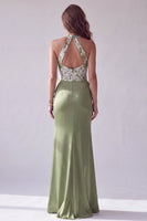 Load image into Gallery viewer, Green Mermaid Ruched Halter Neck Long Formal Dress with 3D Flowers