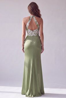Green Mermaid Ruched Halter Neck Long Formal Dress with 3D Flowers