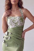 Load image into Gallery viewer, Green Mermaid Ruched Halter Neck Long Formal Dress with 3D Flowers