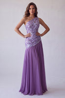 Load image into Gallery viewer, Purple Floral A Line One Shoulder Chiffon Long Formal Dress