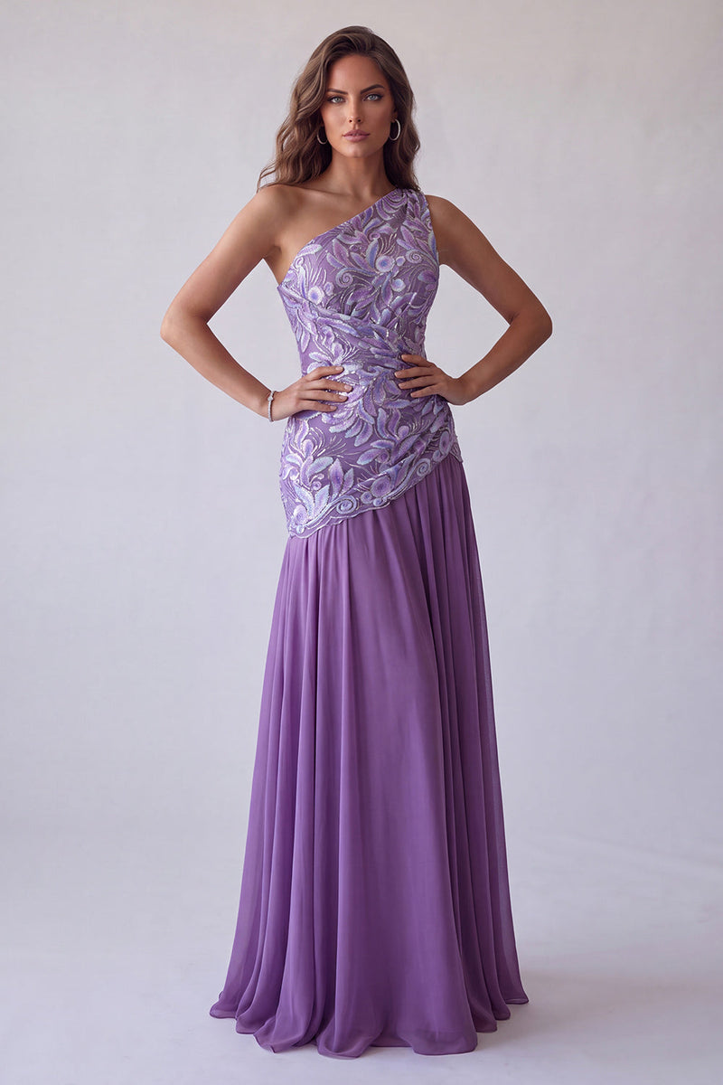 Load image into Gallery viewer, Purple Floral A Line One Shoulder Chiffon Long Formal Dress