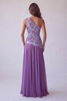 Load image into Gallery viewer, Purple Floral A Line One Shoulder Chiffon Long Formal Dress