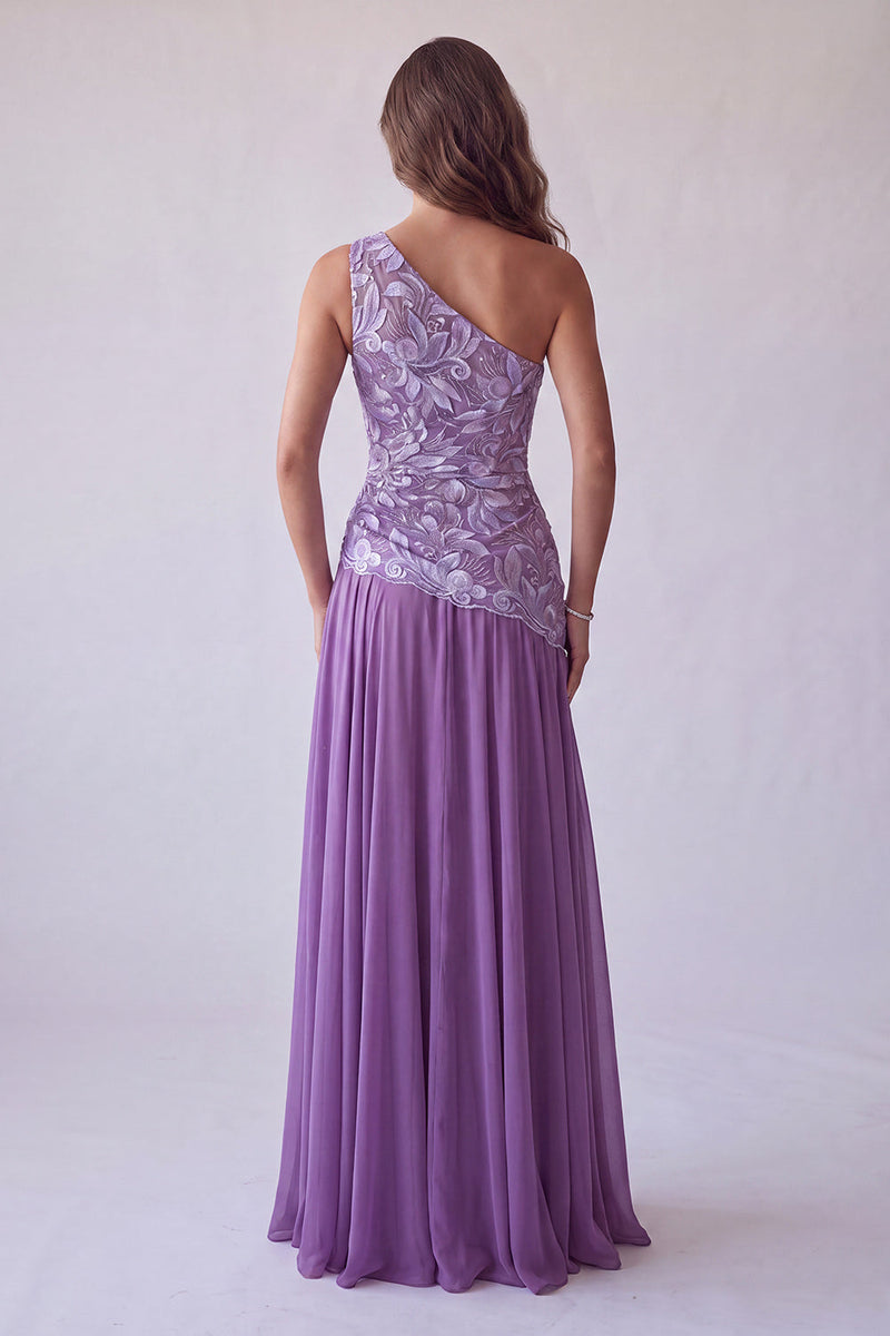 Load image into Gallery viewer, Purple Floral A Line One Shoulder Chiffon Long Formal Dress