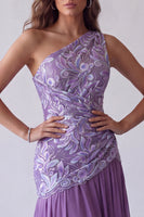Load image into Gallery viewer, Purple Floral A Line One Shoulder Chiffon Long Formal Dress