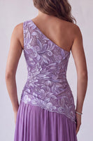 Load image into Gallery viewer, Purple Floral A Line One Shoulder Chiffon Long Formal Dress