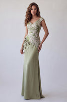 Load image into Gallery viewer, Floral Light Green Ruched Mermaid Cap Sleeves Long Formal Dress
