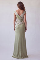 Load image into Gallery viewer, Floral Light Green Ruched Mermaid Cap Sleeves Long Formal Dress