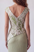 Load image into Gallery viewer, Floral Light Green Ruched Mermaid Cap Sleeves Long Formal Dress