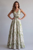 Load image into Gallery viewer, Light Green V-Neck A Line Jacquard Long Formal Dress with 3D Flowers