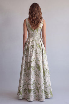 Light Green V-Neck A Line Jacquard Long Formal Dress with 3D Flowers